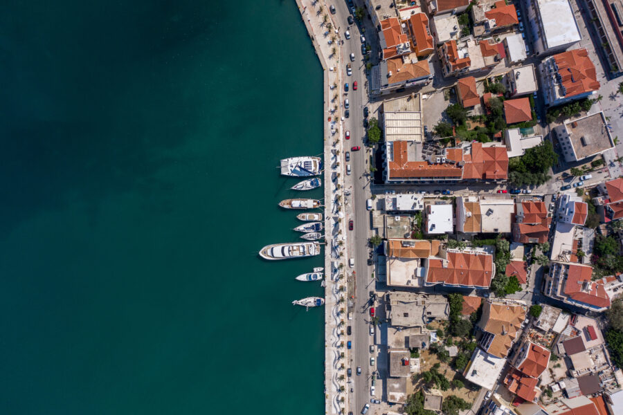 Drone view of Argostoli town, boats and buildings in Kefalonia island Greece. Things to do in Kefalonia.