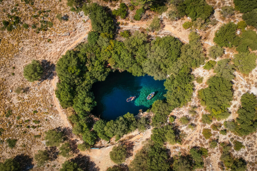 Tourist boat on the lake in Melissani Cave, Cephalonia Island, Greece, Sami Kefalonia