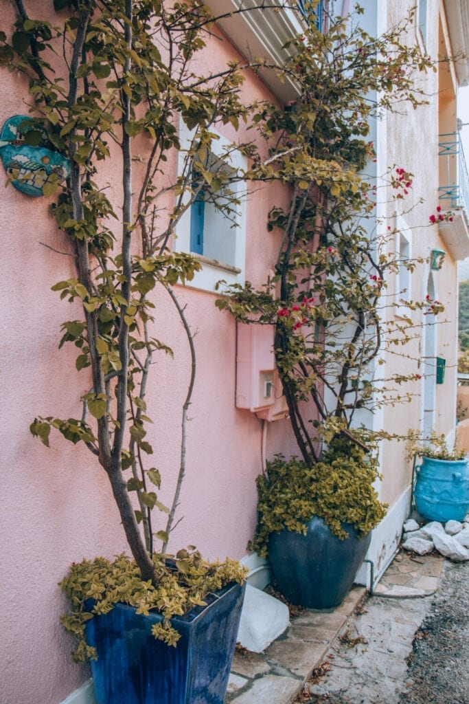 things to do in Kefalonia, Assos Kefalonia  Pink house with plants growing up.