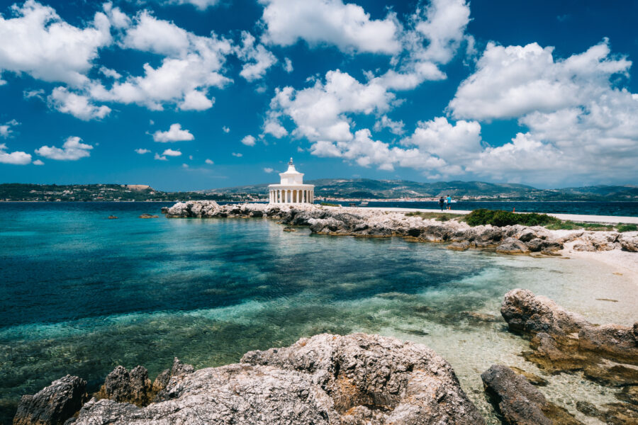 Amazing view of Saint Theodore Lantern. Picturesque landscape with beautiful clouds. Argostoli Vilagito Torony Nature Preserve. Outdoor scene of Kefalonia island, Argostoli town.