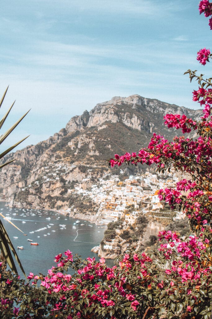 Positano View Point with Pink Flowers