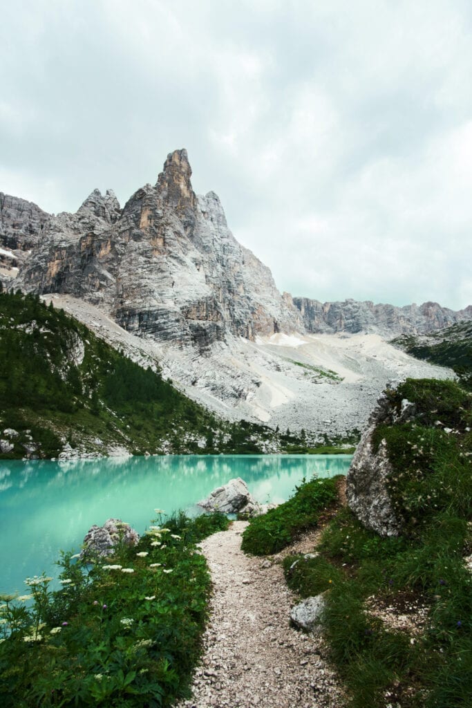 Hiking trail to Sorapis Lake in the Dolomites, Italy. 